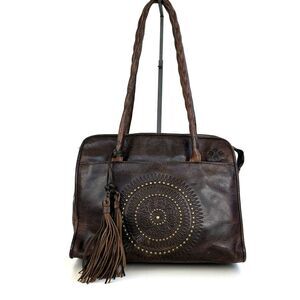 PATRICIA NASH Paris Tooled Leather Tassel Studded Satchel‎ Bag in Brown